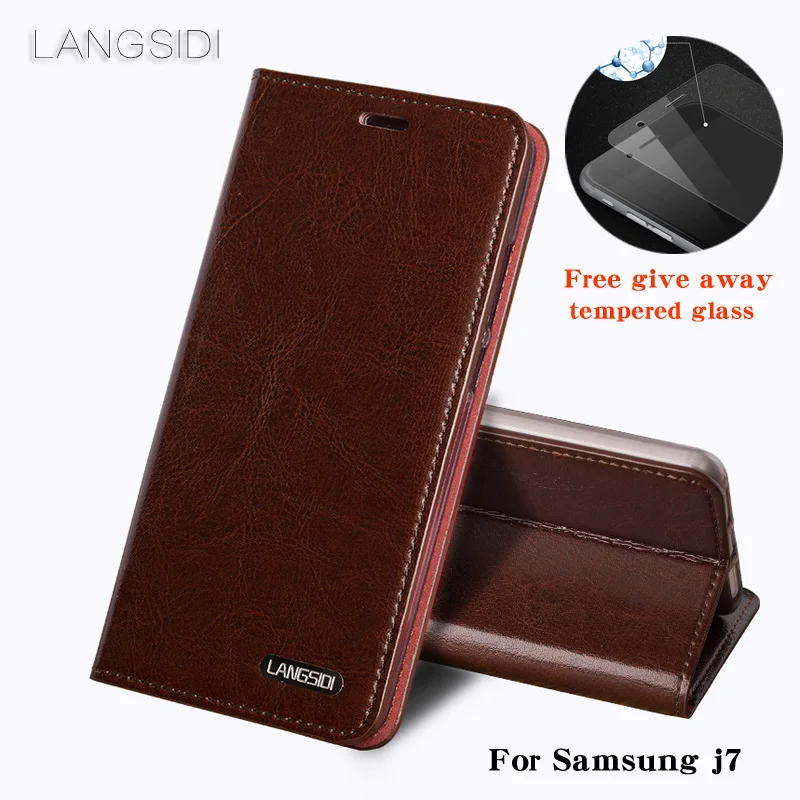 Luxury For Samsung j7 phone case Oil wax skin wallet flip Stand Holder Card Slots leather case to send  phone glass film