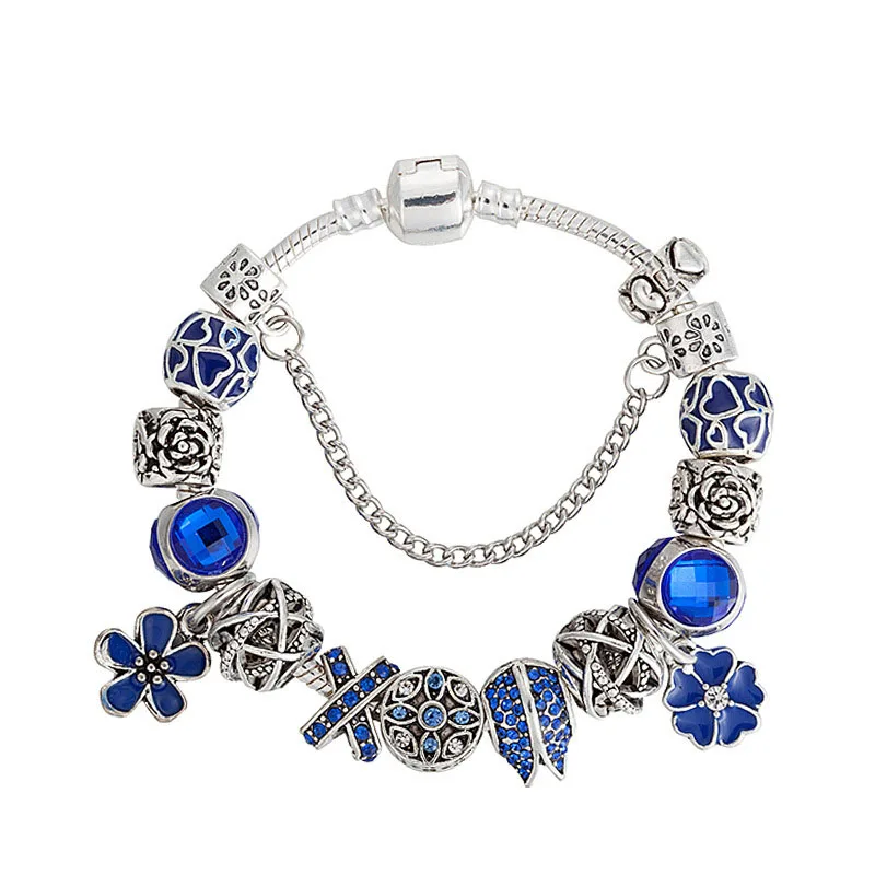 Подарочный женский серебряный цветок Пандора браслеты для женщин с синими