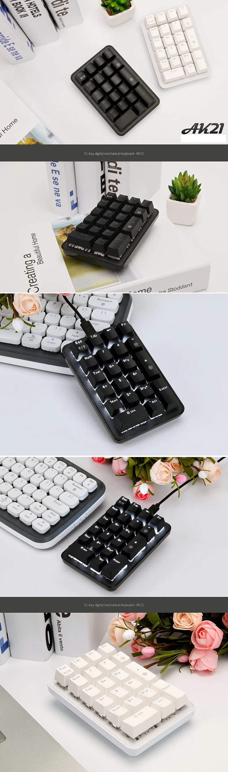 Ajazz AK21 21-кнопочный эргономичная клавиатура с подсветкой USB Проводная цифровая цифровые клавиши клавиатуры раскладывающаяся кабель и Тип-C USB порт оси