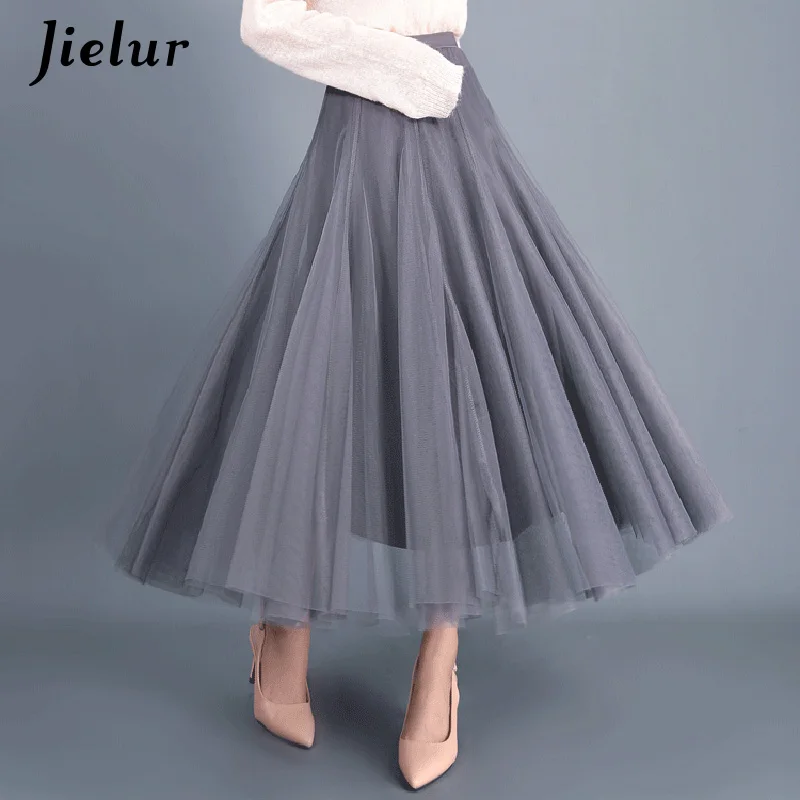 Серый Jielur, 3 слоя, элегантные тюлевые юбки, женские, Ретро стиль, высокая талия, а-силуэт, черные юбки, сетка, плиссированное, длинное, макси, Saia, для женщин, Jupe Longue - Цвет: Серый