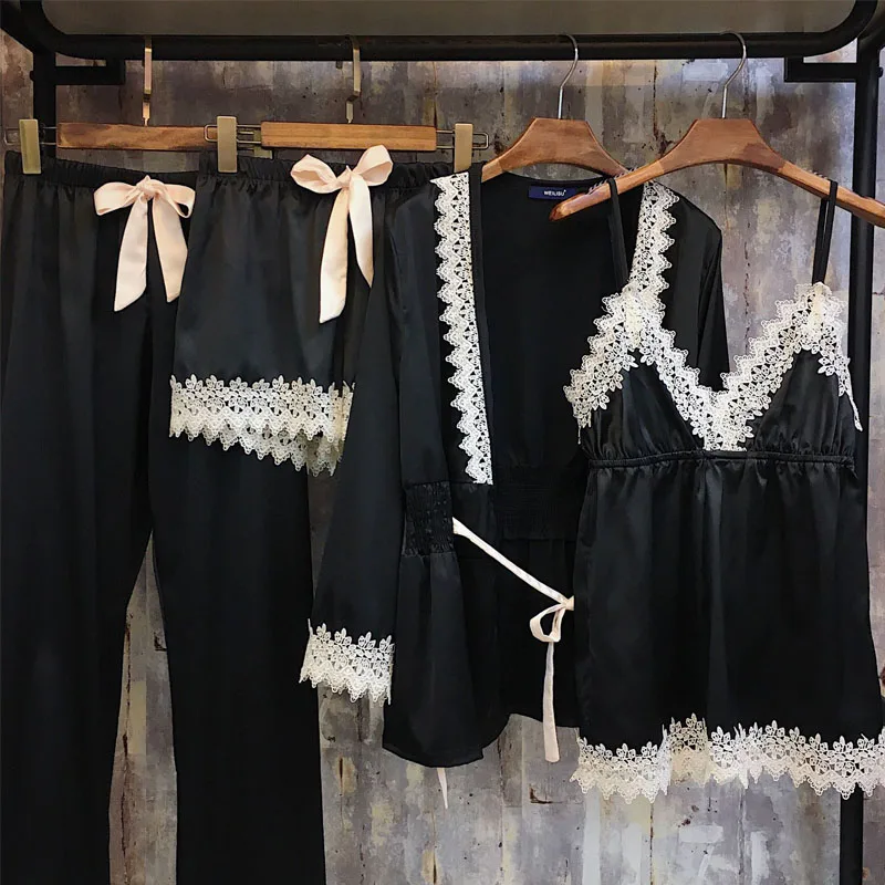 black(45-63kg) Новые атласные женские пижамные комплекты из 4 предметов женские пижамы Сексуальная кружевная женская пижама Элегантная Шелковая пижама домашняя одежда - Цвет: black(45-63kg)