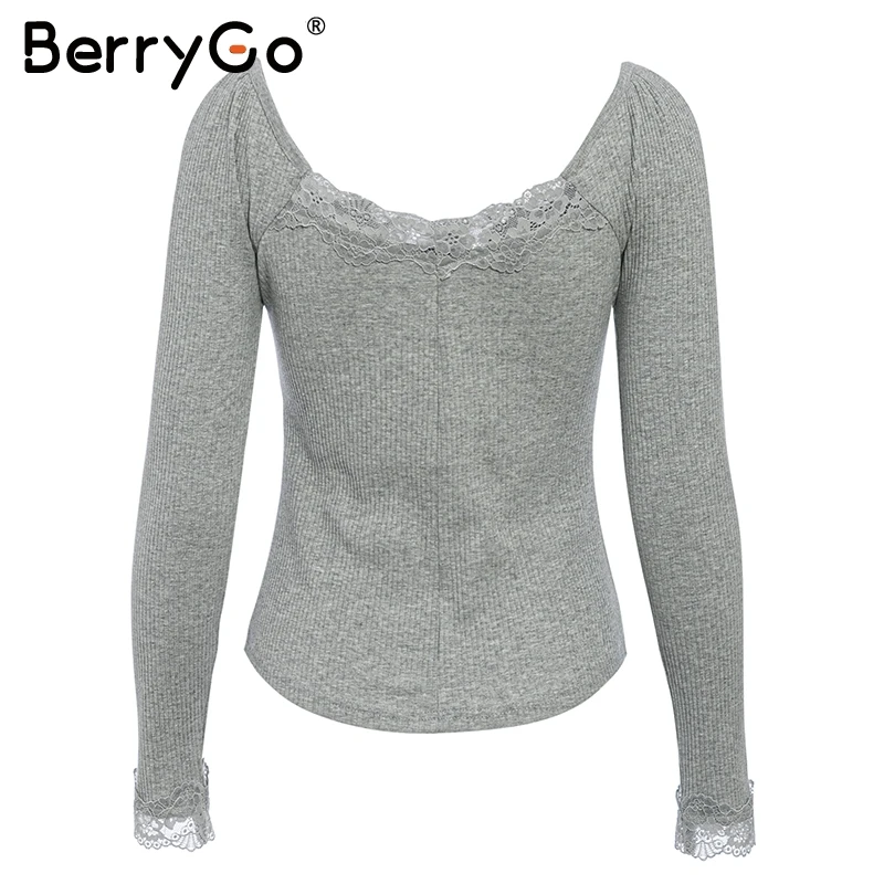 BerryGo кружевной женский Кнопка хлопок пуловер полосатый свитер Тонкий осень зима |