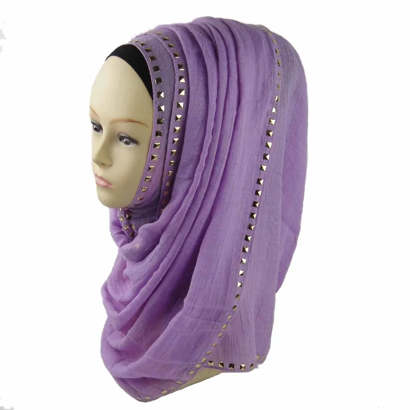 11 light purple Золотой шарф с заклепками, хлопковый мусульманский хиджаб шаль, Дамская длинная однотонная шаль, Пашмина, ислам, женский шарф, головной платок, повязка на голову - Цвет: 11 light purple