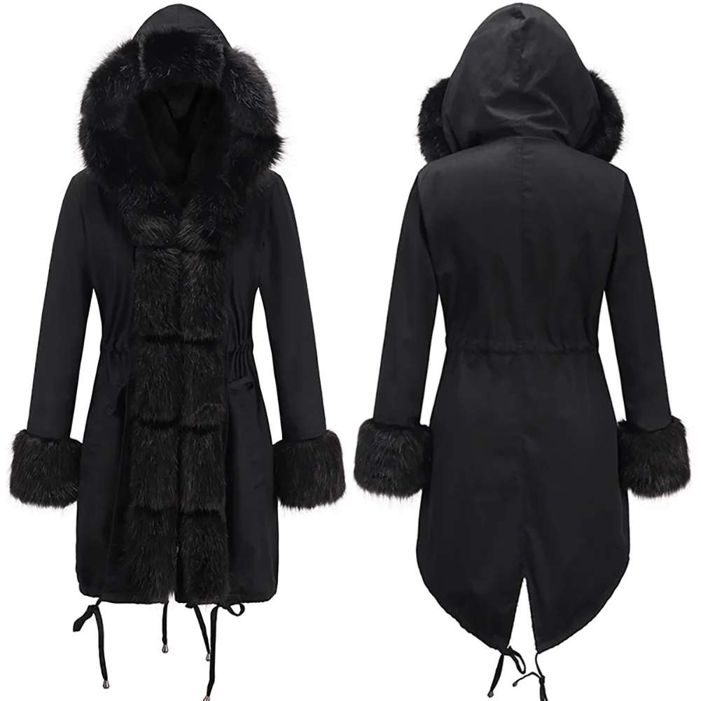 U-SWEAR Winter Women Fake Fur Parka Warm Natural Large black Fur Collar with Luxury Rex Rabbit Fur Liner Army Green Coats