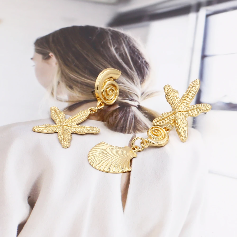 Vodeshanliwen New Gold Starfish Stud Earrings For Women Fashion Bohemian Big Metal Statement 2019 Ocean style Jewelry | Украшения и