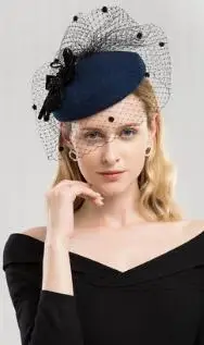 Blue Wedding Hat Головные уборы для женщин вуалетки черные австралийская шерсть шляпа-таблетка с вуалью Свадебные коктейли для женщин Дерби церковные женские - Цвет: Blue Wedding Hat