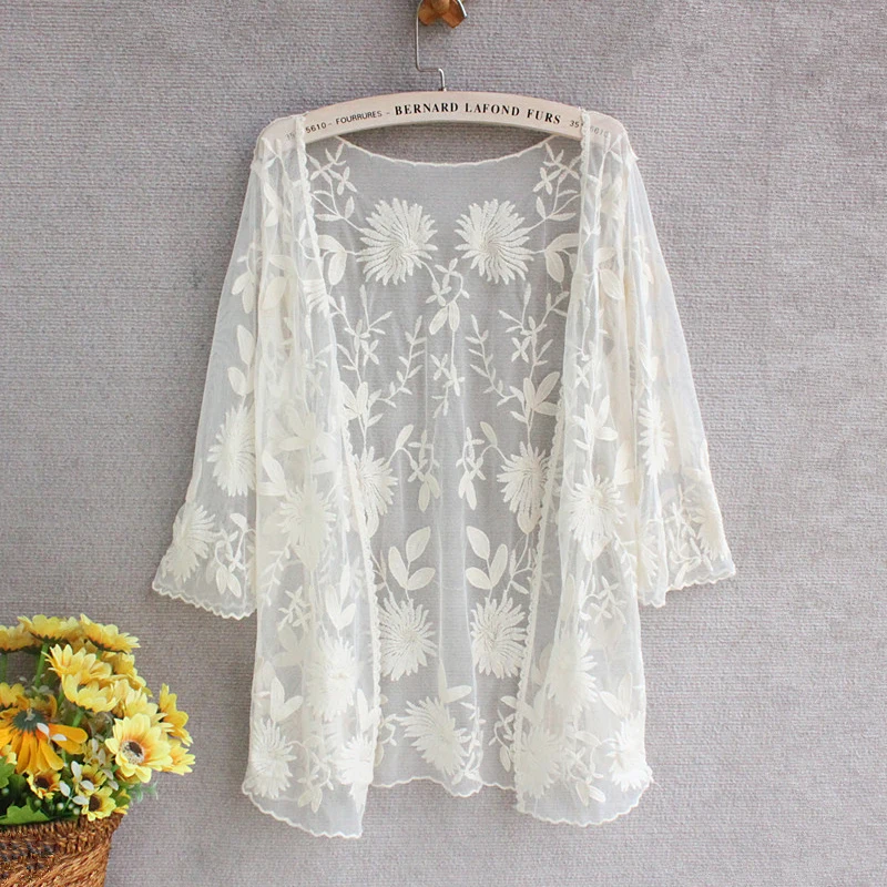 Lace Cardigan Crochet Floral Embroidery Blouse Kimono White Shirt Womens Tops And Blouses 2018 Hippie Boho Mesh |