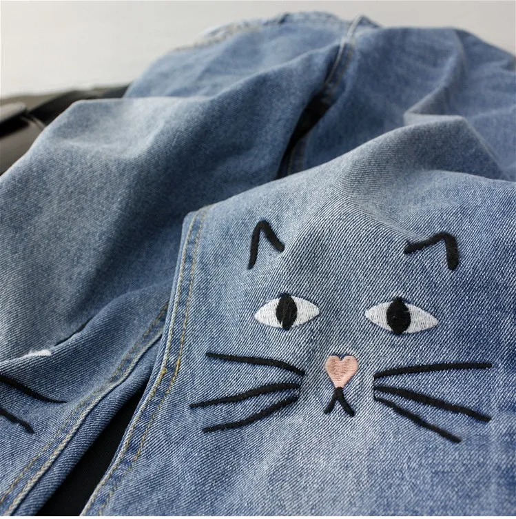 Женские джинсы с кошачьим принтом, Kawaii, Простой корейский стиль, на молнии, дышащие, мягкие, трендовые, для отдыха, с карманами, джинсы для женщин, s, прекрасный шик