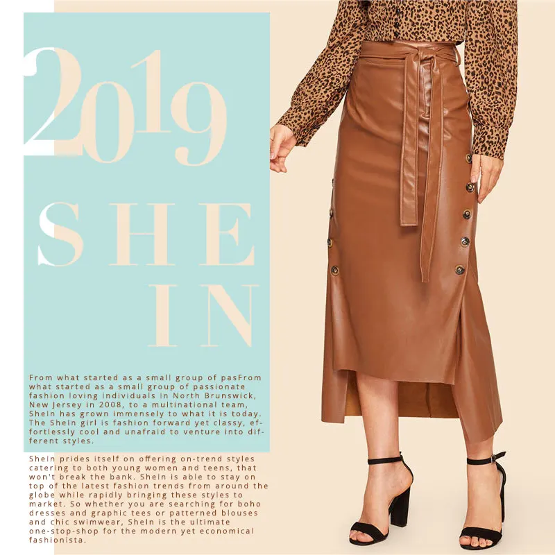 SHEIN Двубортная Асимметричная PU Юбка В Стиле 60-Х Годов С Поясом Женская Осенняя Коричневая Гламурная Юбка С Пуговицами