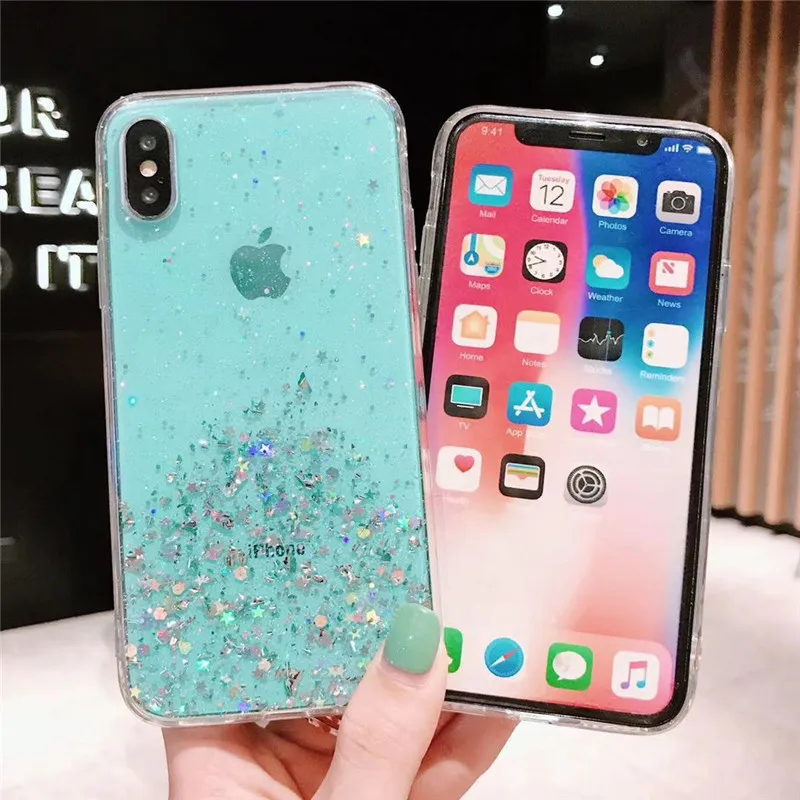 Fashion silver foil Soft TPU Bumper Clear Glitter Star pattern Phone Case For iPhone X XS XR Max 8 7 6 6S Plus protect Cover | Мобильные