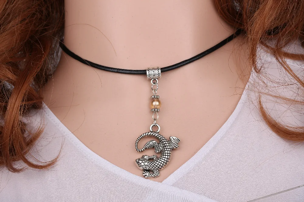 Винтажное серебряное кожаное ожерелье Gecko подвеска из стеклянного бисера
