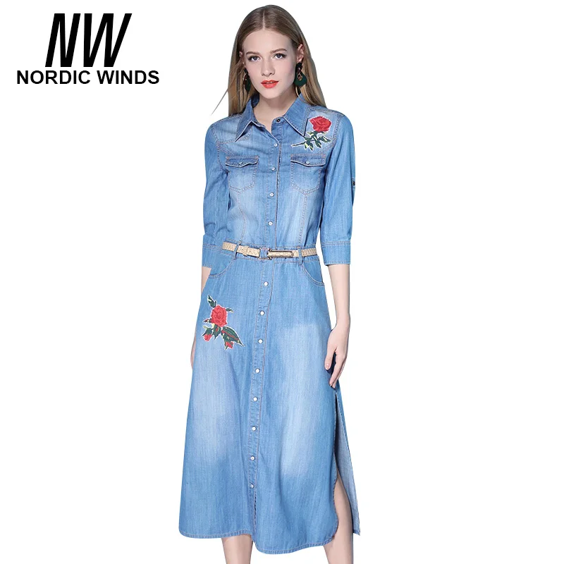 New 2017 Jeans Dress Hand Roses Flower Embroidered Womans Midi Denim Three Quarter Sleeve Brief Belt Pockets Blue Dresses | Женская