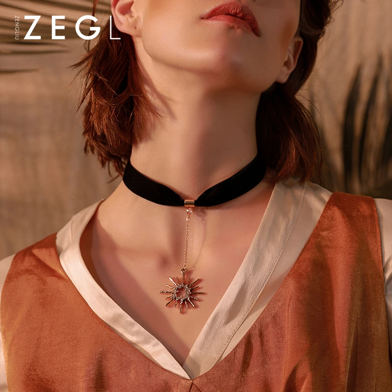 Женское колье чокер ZEGL черная бархатная цепочка для ключицы простой короткий
