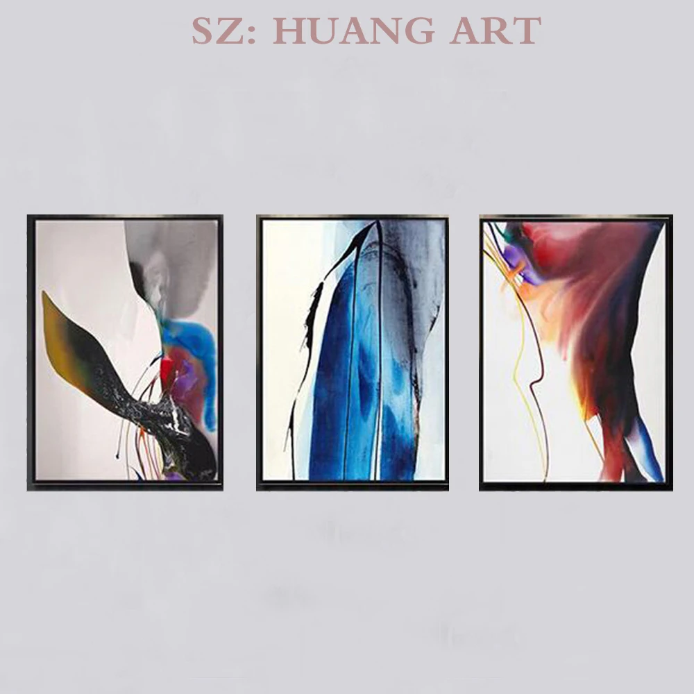 

Hand painted blue to create modern abstract art mural colorful 3 p combination oil painting sofa hotel restaurant decorated hall