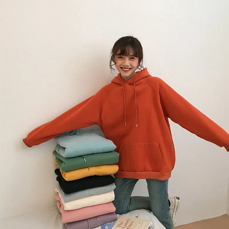 

9 colors 2018 autumn and winter solid color loose plus velvet thicking hoodies womens sweatshirts and pullovers (F3606)