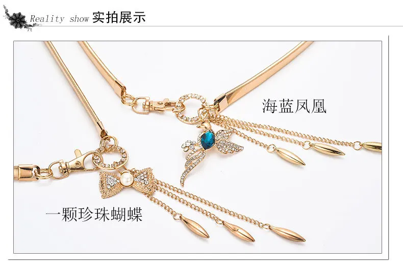 62-75CM Blue Phoenix spring tassel gold metal belts for Women's narrow belt female rhinestone belts for dresses cinturones B007