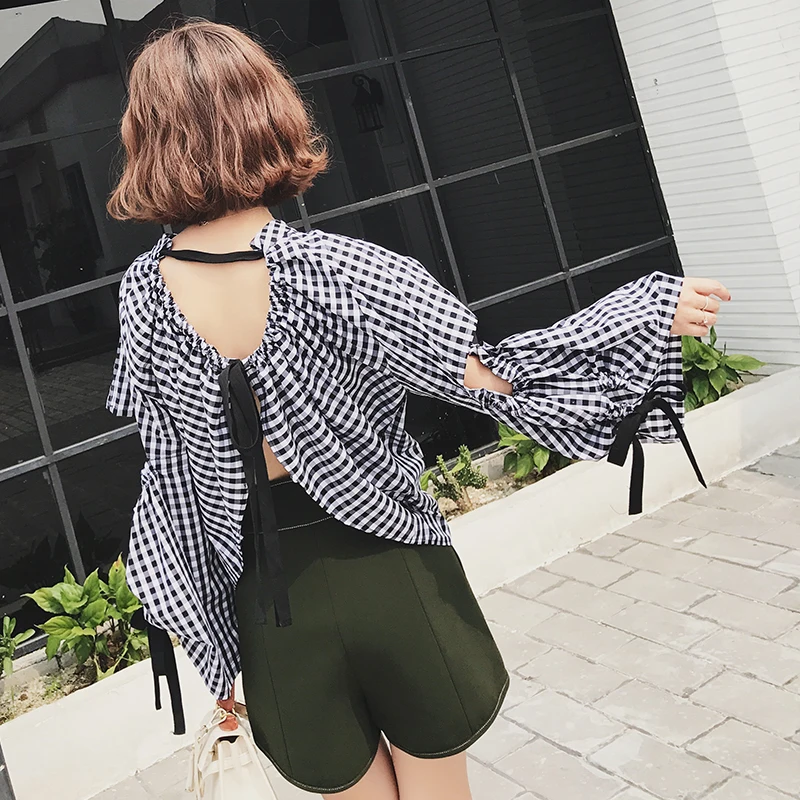 Oftbuy 2017 Vintage в британском стиле Summer Топы Лук выдалбливают спинки рубашка клетку