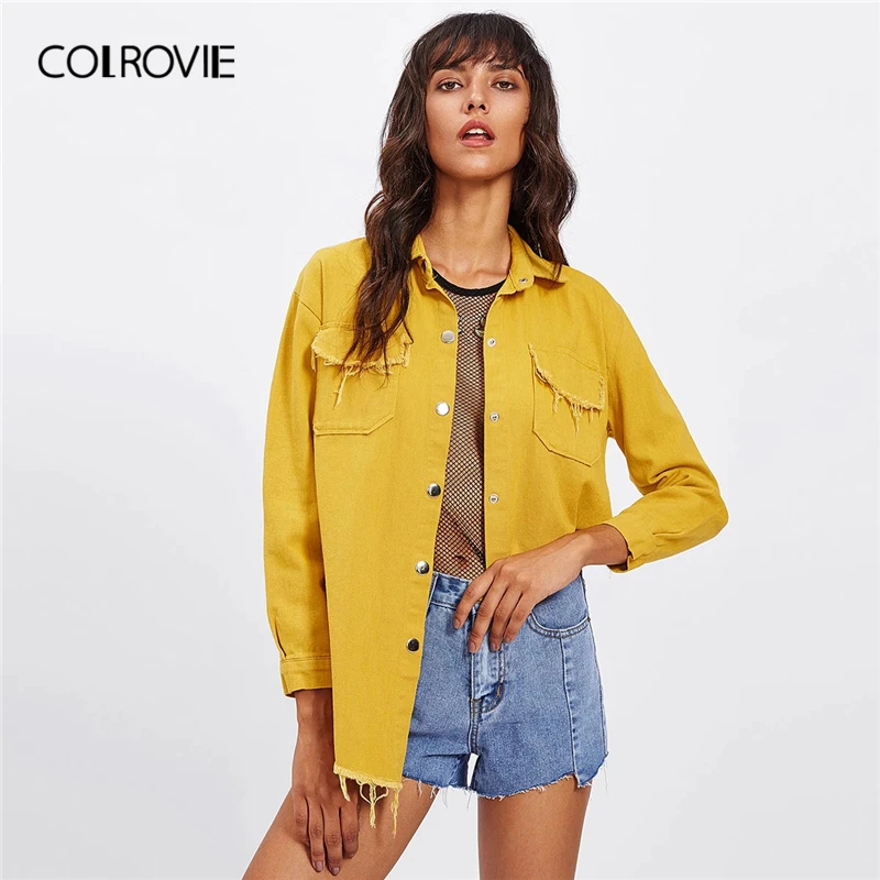 COLROVIE желтая однотонная однобортная Повседневная джинсовая куртка на пуговицах женская верхняя одежда Весенняя уличная одежда пальто с потертостями и карманами