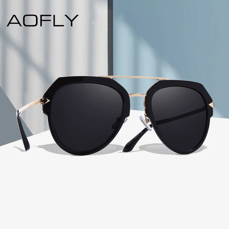 Женские солнцезащитные очки AOFLY поляризованные зеркальные авиаторы черного