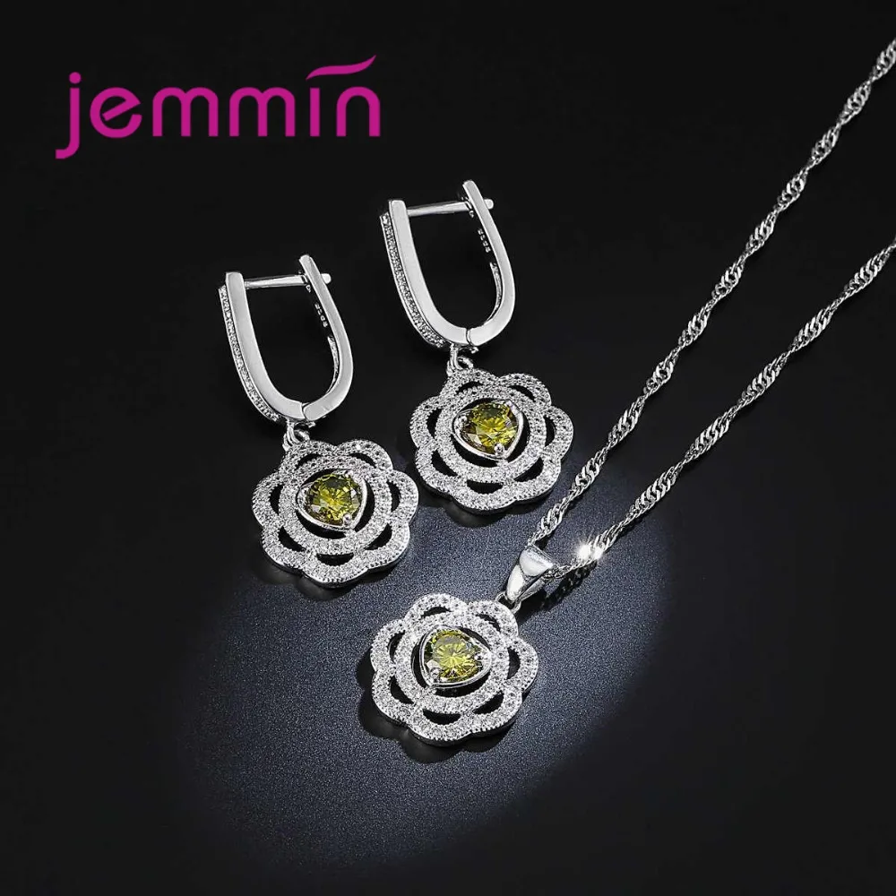 Elegant Fashion Hollow Flower Necklace Earrings for Women Heart Shape Round Dark Green Crystal 925 Sterling Silver Jewelry Sets |
