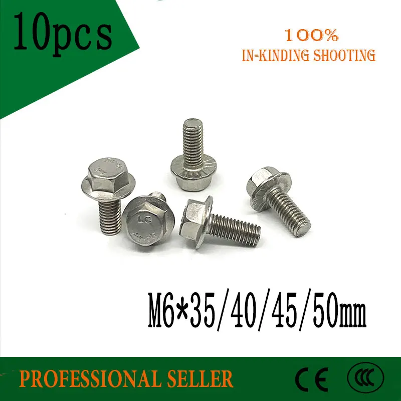 10 шт. M6 * 35/40/45/50 мм 304 дюйма фланцевый болт из нержавеющей стали шестигранный
