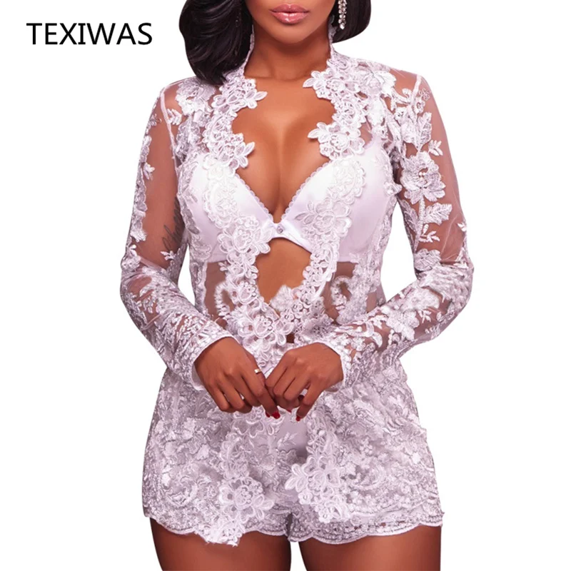TEXIWAS Elegant Sexy 2Piece Set Women Lace Hollow perspective sets Embroidery Tops cardigan+Skinny vogue Shorts Bodycon outsuits | Женская