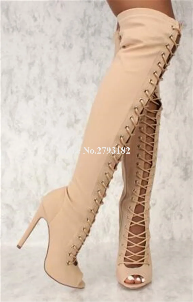 Фирменный дизайн женские модные замшевые сапоги-гладиаторы до колена на тонком