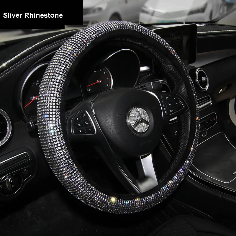 Silver Роскошные Кристальные фиолетовые красные розовые Чехлы рулевого колеса автомобиля для женщин и девочек Стразы покрытые автомобилем аксессуары для рулевого колеса - Название цвета: Silver