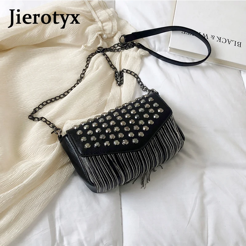 JIEROTYX Модные кисточкой бриллианты бренд дизайн мини цепь сумка через плечо черные кожаные заклепки женская Bolsa Sac основной