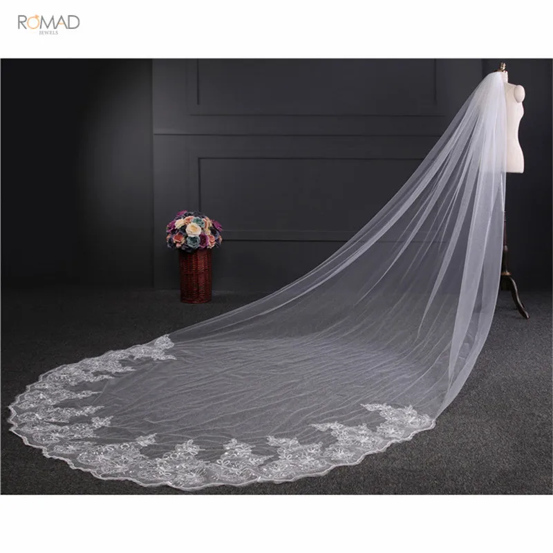 Romad 4 Meter White Ivory Cathedral Wedding Veils Lace Bling Sequins Long Bridal Veils With Comb Wedding Accessories W3