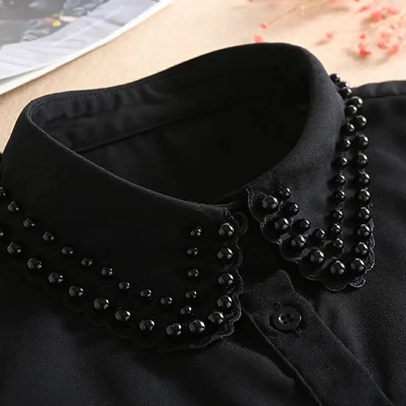 Women New Fashion Pearl Chiffon Collar Shirt Fake Tie Vintage Detachable False Lapel Blouse Top Cloth |