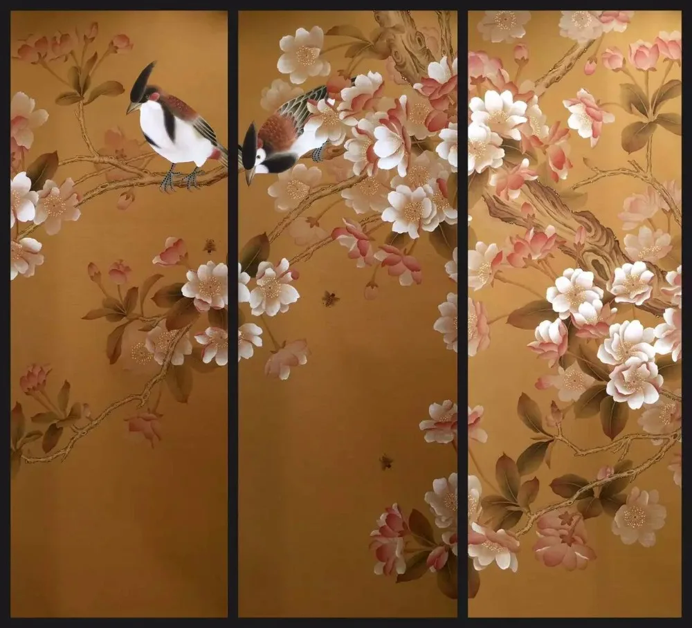 カスタマイズされた手描きのシルクの壁紙絵画花で鳥ハンド塗装壁装多くのパターン 背景オプション Leather Bag