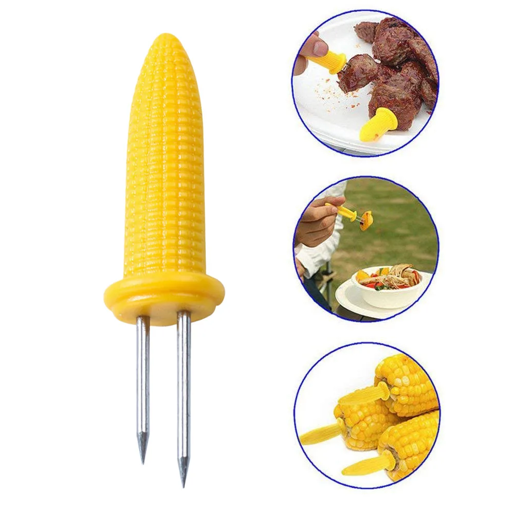 10/12 шт. Нержавеющая сталь кукурузный держатель из нержавеющей стали с Пластик ручка Twin зубец шампуры для барбекю вилка Кукуруза фруктов держатель вилка для барбекю(длина)* 5
