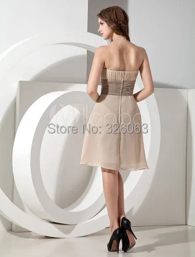 2015 New Free Shipping Fashion Simple Pleated Champagne Chiffon Strapless Flowers Knee Length Bridesmaid Dresses | Свадьбы и