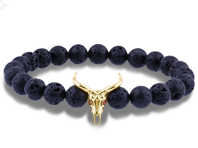 Панк Булл голова циркон браслет Мода 8 мм Лава камень бусины Шарм Браслеты и