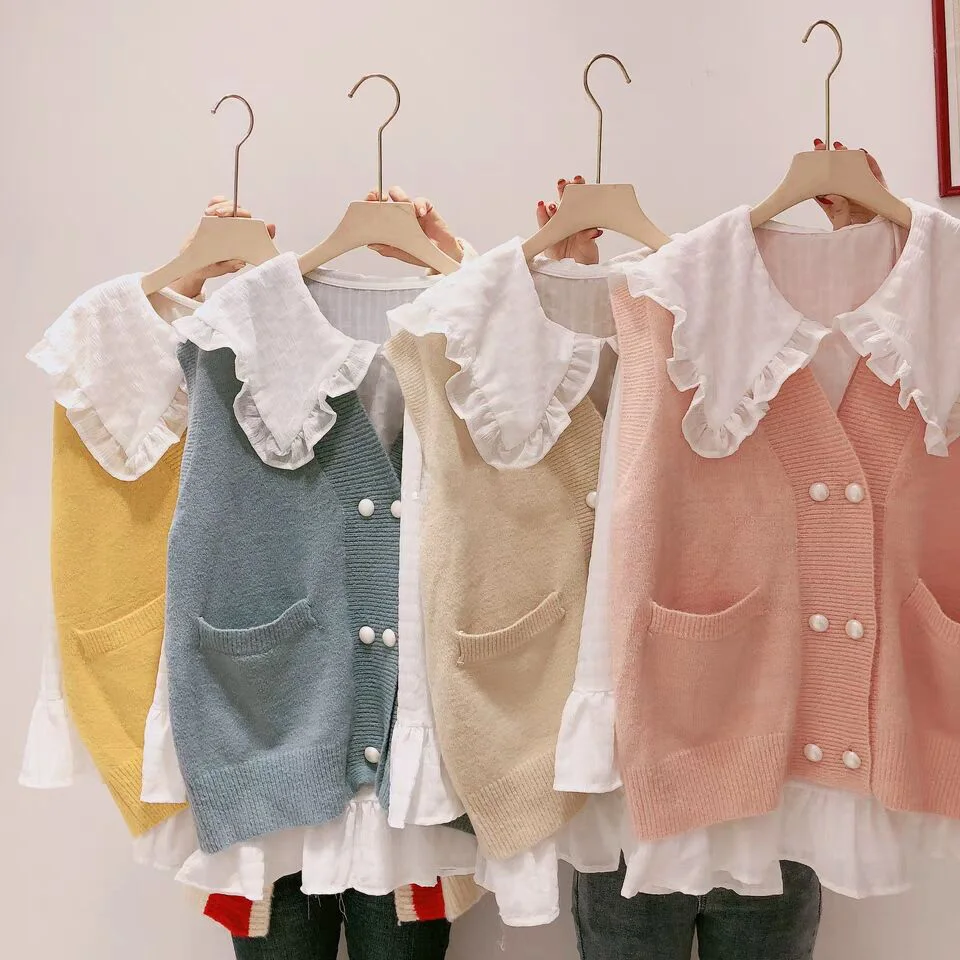 Korean Spring Autumn Long Sleeve White Shirts Women Flare Sleeve Kawaii Big Peter pan Collar Ruffle Blouse Knitted Vest Sets