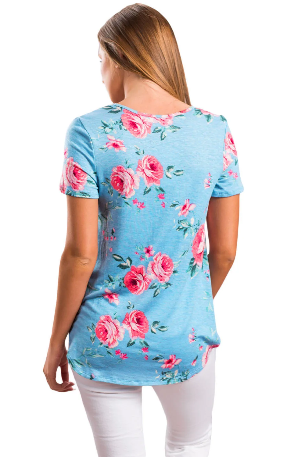 2018 New Arrival Summer Women's Casual White Pink Coffee Baby Blue Super Soft Floral Tee Shirt with Crisscross Neck LGY250050 | Женская
