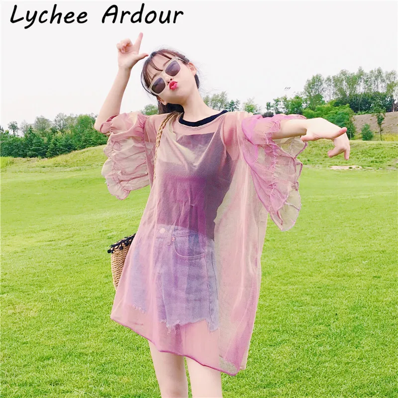 Lychee Ardour Сетчатая футболка с рюшами сексуальная майка Прозрачная Футболка