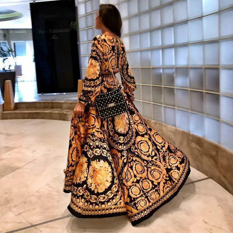 2018 New Style Fashion Elegant Women Sexy Boat Neck Glitter Deep V Print Dress Party Formal Long | Женская одежда