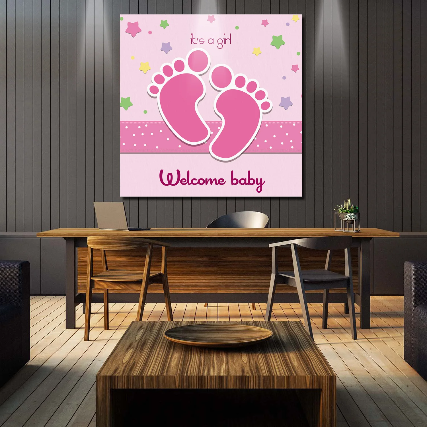 ArtStore Pink Baby Footprints Oil Painting Wedding Party Ready To Hang Wall Picture New Year Classic Lattice Posters Wrapped Can | Дом и сад