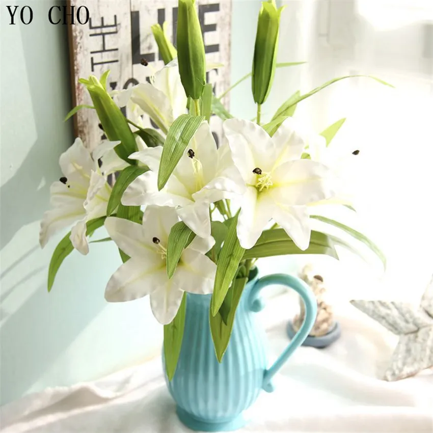 

YO CHO 5 Branches Real Touch Artificial Lily Film Feel Simulation Flowers Hand Bouquet Wedding Decor Fake Flowers Party Supplies