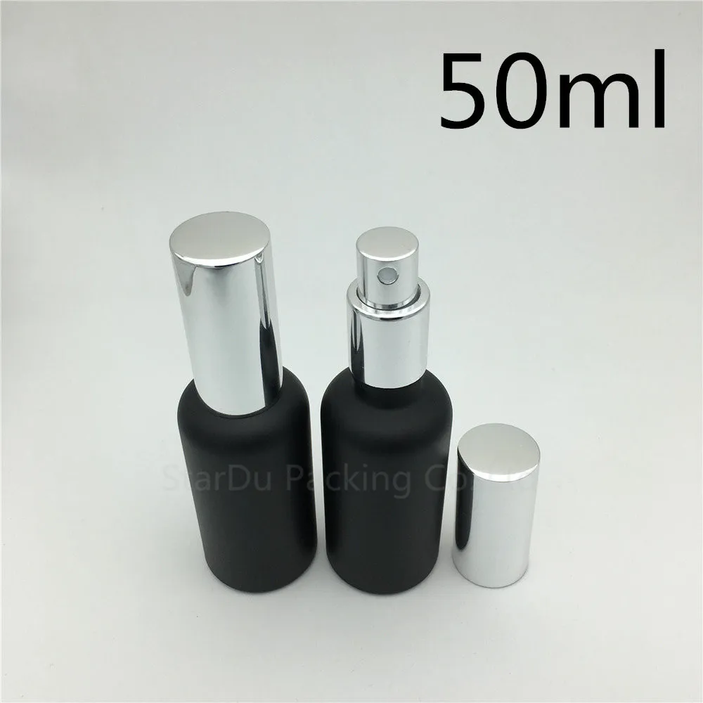 

12pcs 50ml Black Frosted Glass Bottle With Silvery Aluminum sprayer,50cc Essential Oil Spray Perfume Bottle