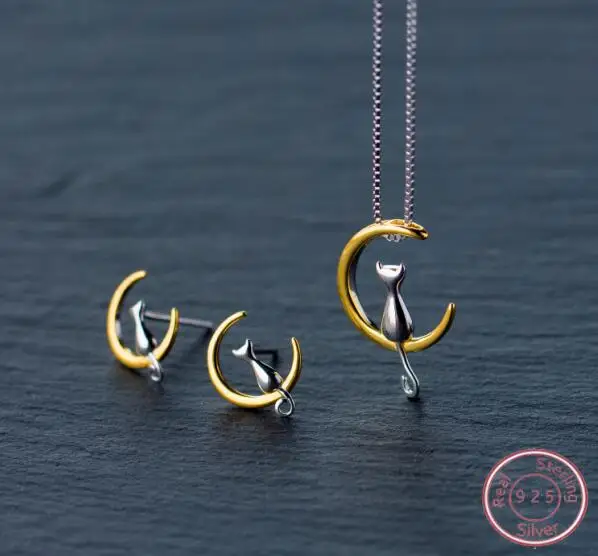 one set DXJEL ювелирные изделия из стерлингового серебра 925 пробы котенок Кот сидящий на золотой Подвеска полумесяц ожерелье Комплект сережек для женщин - Цвет камня: one set