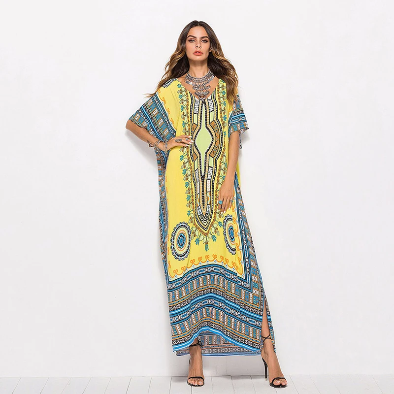 Женское длинное платье-макси с рукавами летучая мышь и V-образным вырезом |