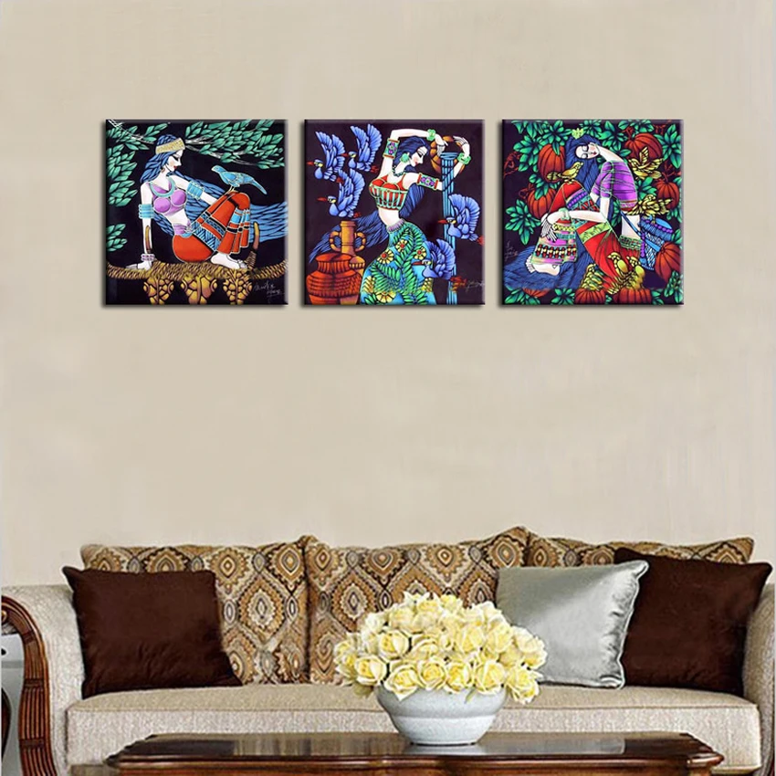 

National style pretty girl modern fashion 3 Pieces HD print oil painting on canvas abstract figures oil painting wall art