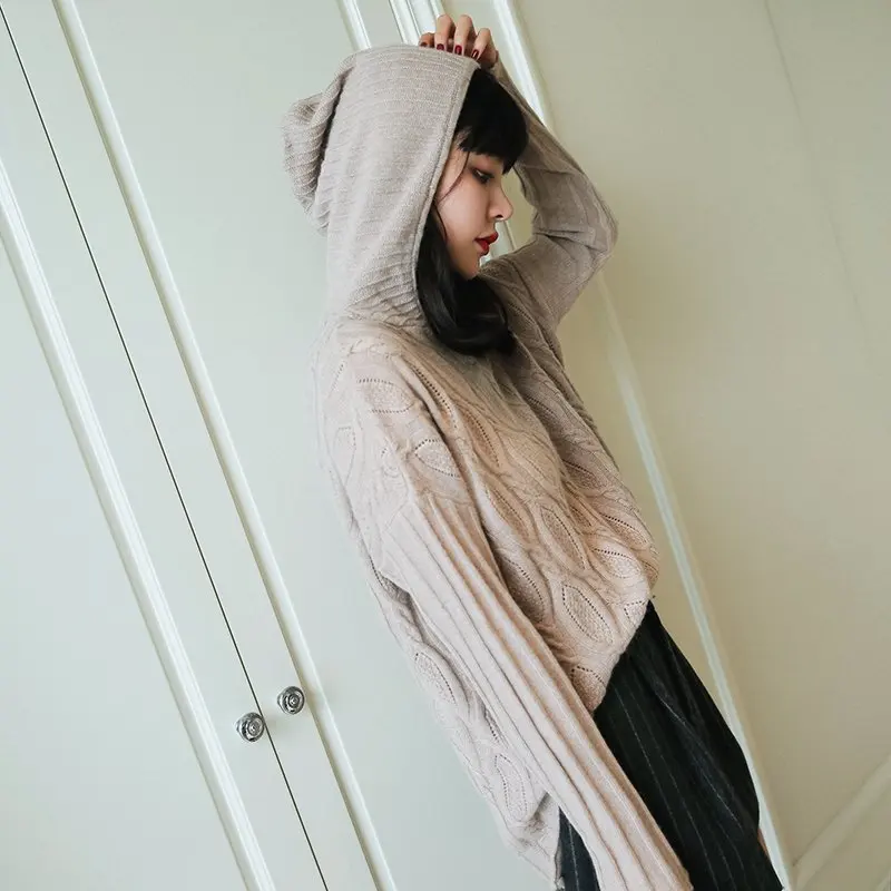 Фото Новинка женский шерстяной кашемировый свитер с капюшоном толстый большой