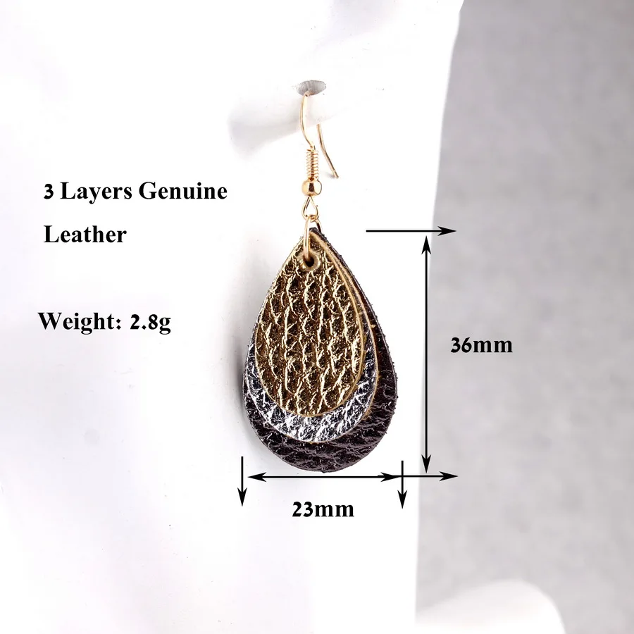 

2019 Fashion Trendy 3 Layers Stacked Genuine Leather Teardrop Dangle Drop Earrings for Women