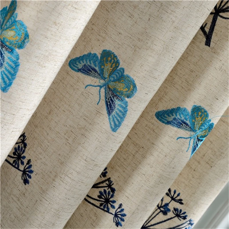 Высококачественная пасторальная хлопковая льняная синяя бабочка с вышивкой