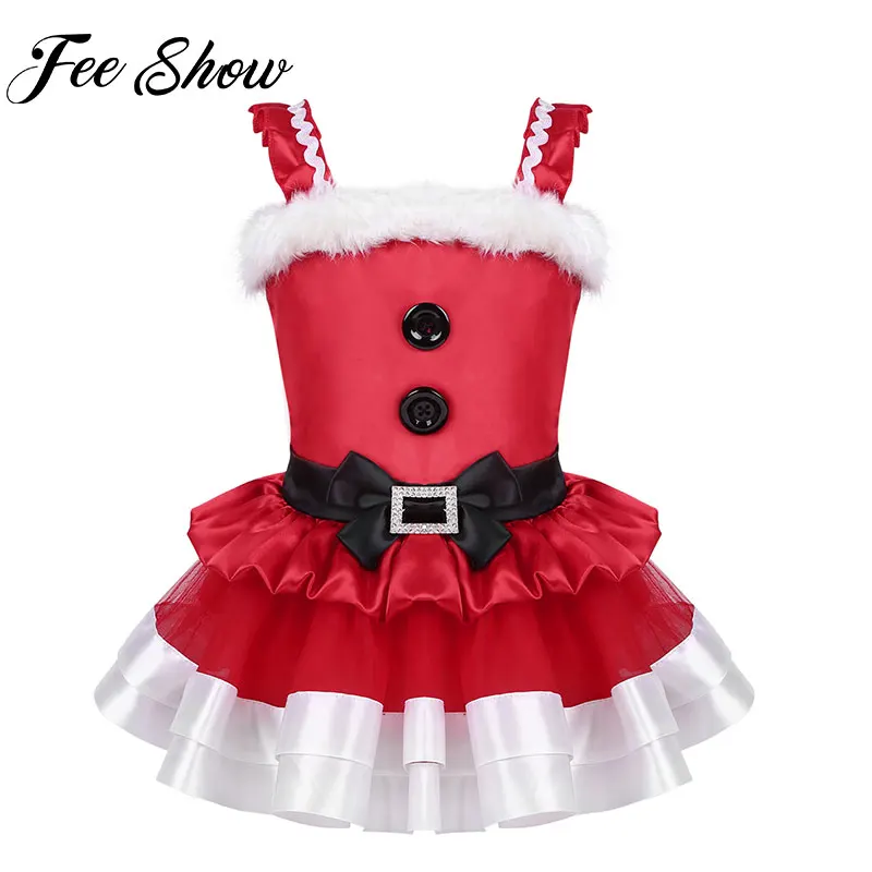 Infant Baby Christmas Santa Claus Dress Outfit Toddler Girls Ruffled Shoulder Straps Faux Fur Bowknot Mesh Tutu | Детская одежда и