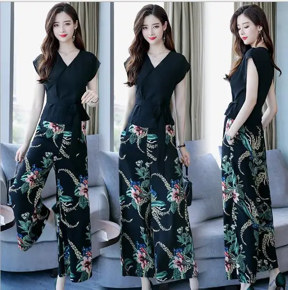 2018 new summer temperament was thin two-piece printing chiffon wide-leg pants casual fashion suit female big code tide | Женская одежда